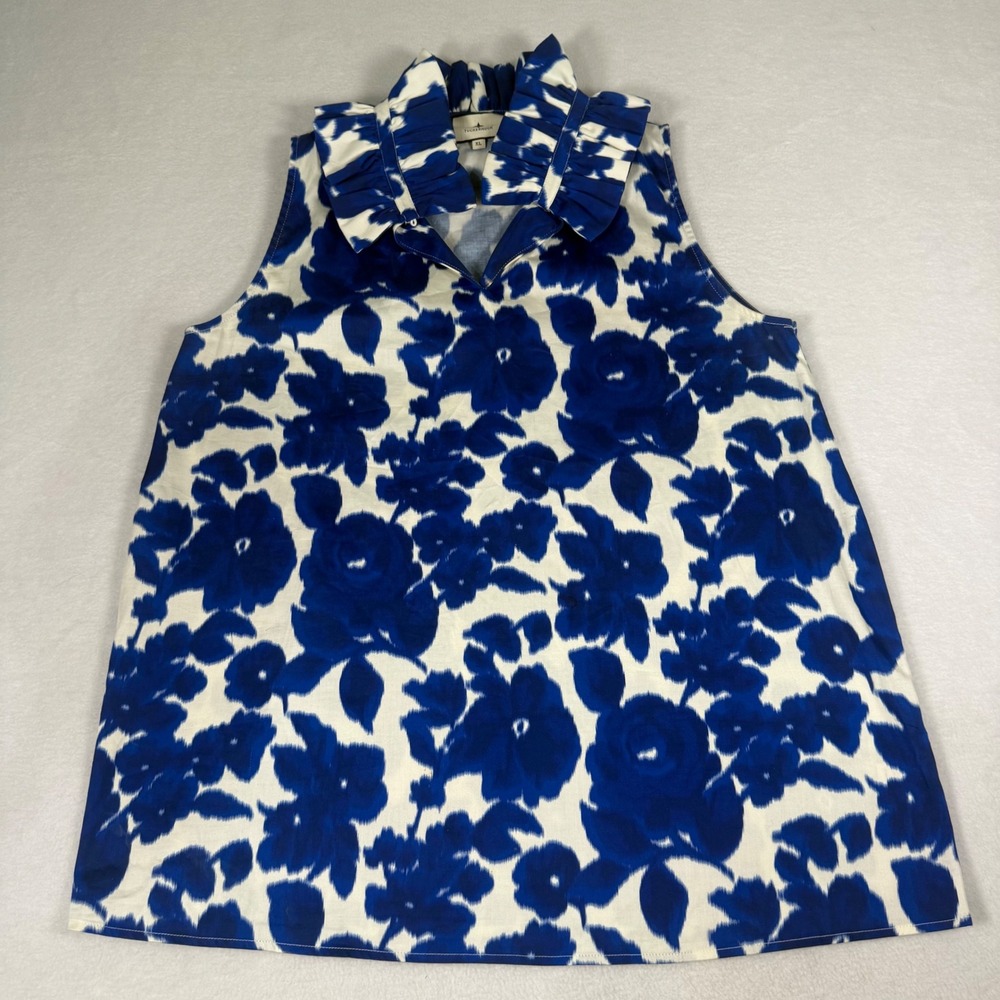 Tuckernuck Sleeveless Blouse Womens XL Blue White Cotton Ruffle Coastal Top